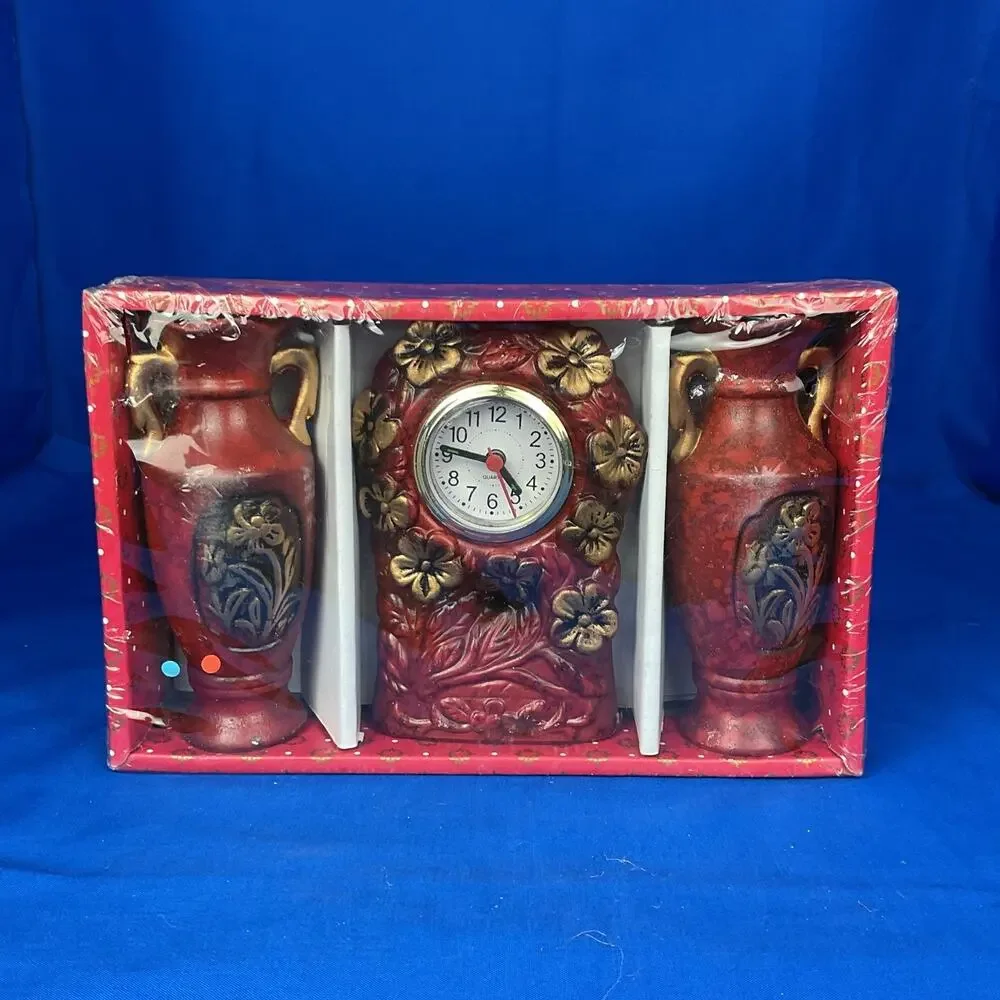 Vintage Red Floral Quartz Mantel Clock Matching Vases 3pc Gift Set New Sealed